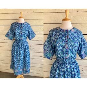 70s blue cotton floral shift mid length sleeves lightweight dress handmade